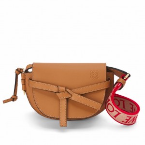 Loewe Gate Dual Mini Bag in Brown Calfskin with Jacquard Shoulder Strap