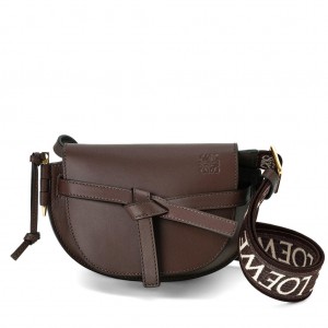 Loewe Gate Dual Mini Bag in Chocolate Calfskin with Jacquard Shoulder Strap