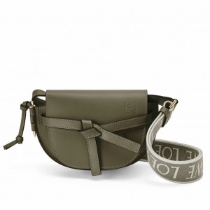 Loewe Gate Dual Mini Bag in Green Calfskin with Jacquard Shoulder Strap