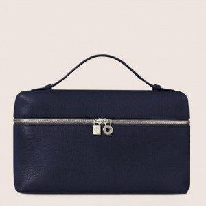 Loro Piana Extra Pocket Pouch L27 in Dark Blue Grained Leather