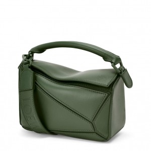 Loewe Puzzle Mini Bag In Vintage Khaki Satin Calfskin