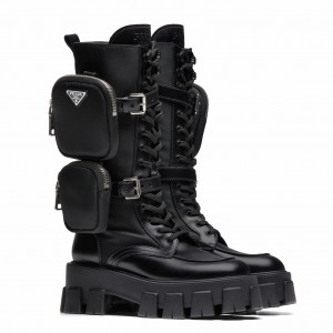 Prada Monolith Boots in Noir Leather and Nylon Fabric