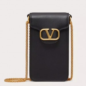 Valentino Loco Phone Case in Black Leather with Chain