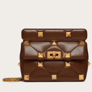 Valentino Roman Stud Medium Chain Bag In Dark Brown Nappa Leather