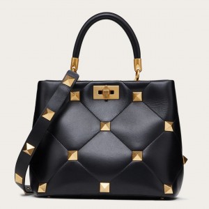 Valentino Roman Stud Top Handle Bag In Black Nappa Leather