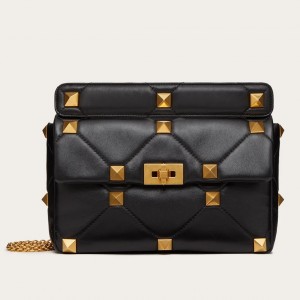 Valentino Roman Stud Large Chain Bag In Black Nappa Leather