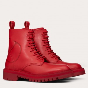 Valentino Red Leather VLogo Combat Boots