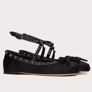 Valentino Garavani Rockstud Ballerina In Black Satin