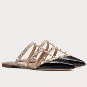 Valentino Garavani Rockstud Flat Mules In Black Patent Leather