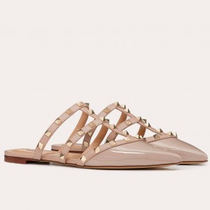 Valentino Garavani Rockstud Flat Mules In Poudre Patent Leather