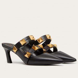 Valentino Garavani Roman Stud Mules 65mm In Black Calfskin