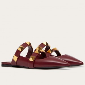 Valentino Garavani Roman Stud Flat Mules In Bordeaux Leather