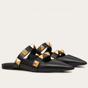 Valentino Garavani Roman Stud Flat Mules In Black Leather