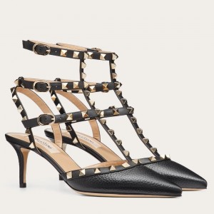 Valentino Rockstud Caged Pumps 65mm In Black Grained Leather
