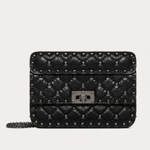 Valentino Rockstud Spike Small Bag in Black Crinkled Nappa Leather