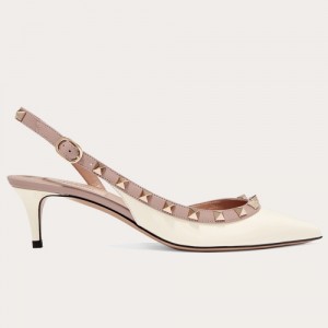 Valentino Rockstud Slingback Pumps 50mm In White Patent Leather