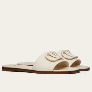 Valentino VLogo Signature Flat Slides In White Calfskin