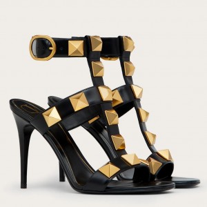 Valentino Roman Stud Sandals 100mm In Black Calfskin