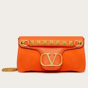 Valentino Stud Sign Shoulder Bag In Orange Nappa Leather