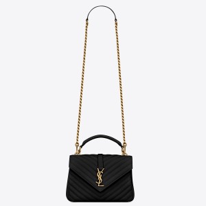 Saint Laurent College Medium Chain Bag In Noir Goatskin