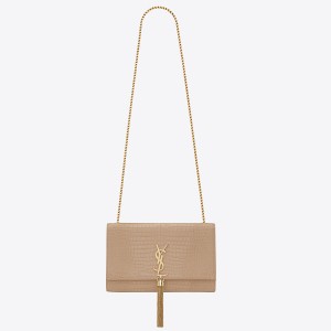 Saint Laurent Kate Tassel Medium Bag In Beige Crocodile-embossed Leather