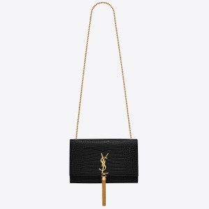Saint Laurent Kate Tassel Medium Bag In Black Crocodile-embossed Leather