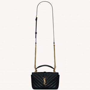 Saint Laurent College Mini Chain Bag in Black Crackled Leather