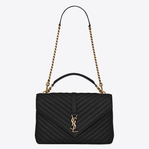 Saint Laurent College Large Chain Bag In Noir Goatskin