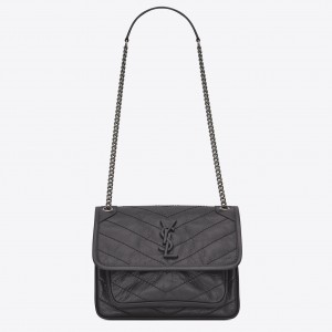 Saint Laurent Niki Baby Chain Bag In Dark Grey Crinkled Leather