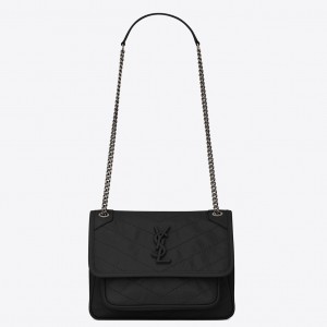 Saint Laurent Niki Baby Chain Bag In Noir Crinkled Leather