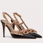 Valentino Rockstud Bow Slingback Pumps 100mm in Black Patent Leather
