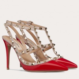 Valentino Rockstud Caged Pumps 100mm In Red Patent Leather