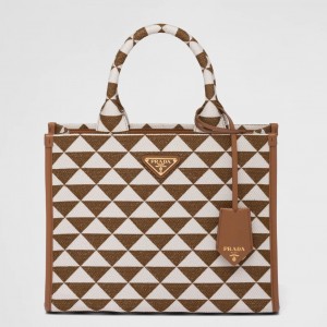 Prada Symbole Small Bag In Brown/White Jacquard Fabric
