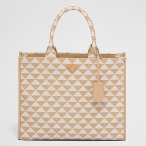 Prada Symbole Large Bag In Beige/White Jacquard Fabric