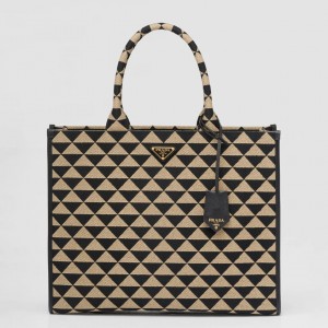 Prada Symbole Large Bag In Black/Beige Jacquard Fabric