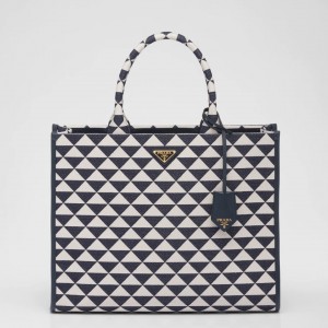 Prada Symbole Large Bag In Blue/White Jacquard Fabric
