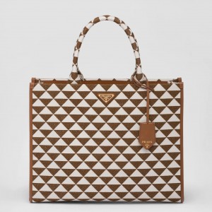 Prada Symbole Large Bag In Brown/White Jacquard Fabric