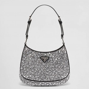 Prada Cleo Shoulder Bag in Black Satin with Crystals 