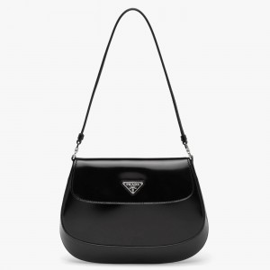 Prada Cleo Shoulder Bag with Flap in Black Brushed Leather