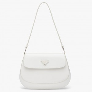 Prada Cleo Shoulder Bag with Flap in White Brushed Leather