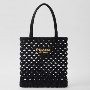 Prada Crochet Tote Bag in Black Raffia-effect 