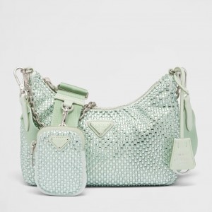 Prada Re-Edition 2005 Shoulder Bag in Aqua Satin with Crystals