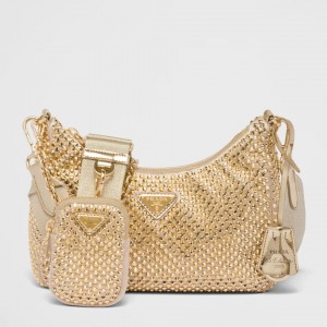 Prada Re-Edition 2005 Shoulder Bag in Gold Satin with Crystals