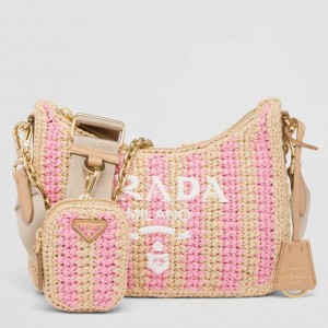 Prada Re-Edition 2005 Bag in Beige and Pink Stripe Raffia