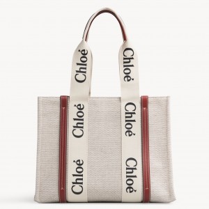 Chloe Medium Woody Tote Bag in Canvas with Brown Leather Strips