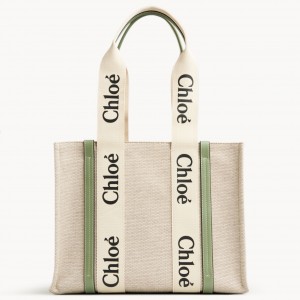 Chloe Medium Woody Tote Bag in Canvas with Green Leather Strips