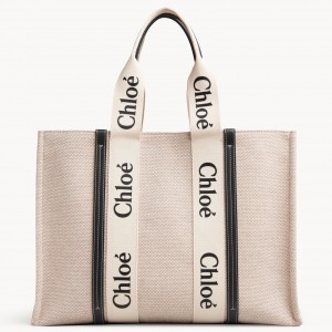 Chloe Large Woody Tote Bag in Canvas with Blue Leather Strips