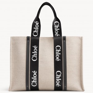 Chloe Large Woody Tote Bag in Canvas with Black Leather Strips