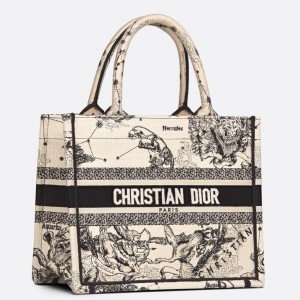 Dior Small Book Tote Bag In White Toile de Jouy Zodiac Embroidery