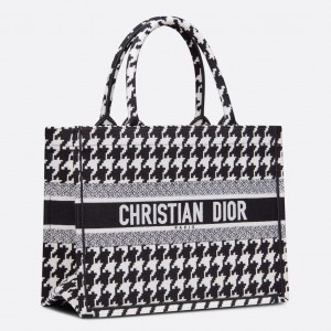 Dior Medium Book Tote Bag in Black and White Houndstooth Embroidery